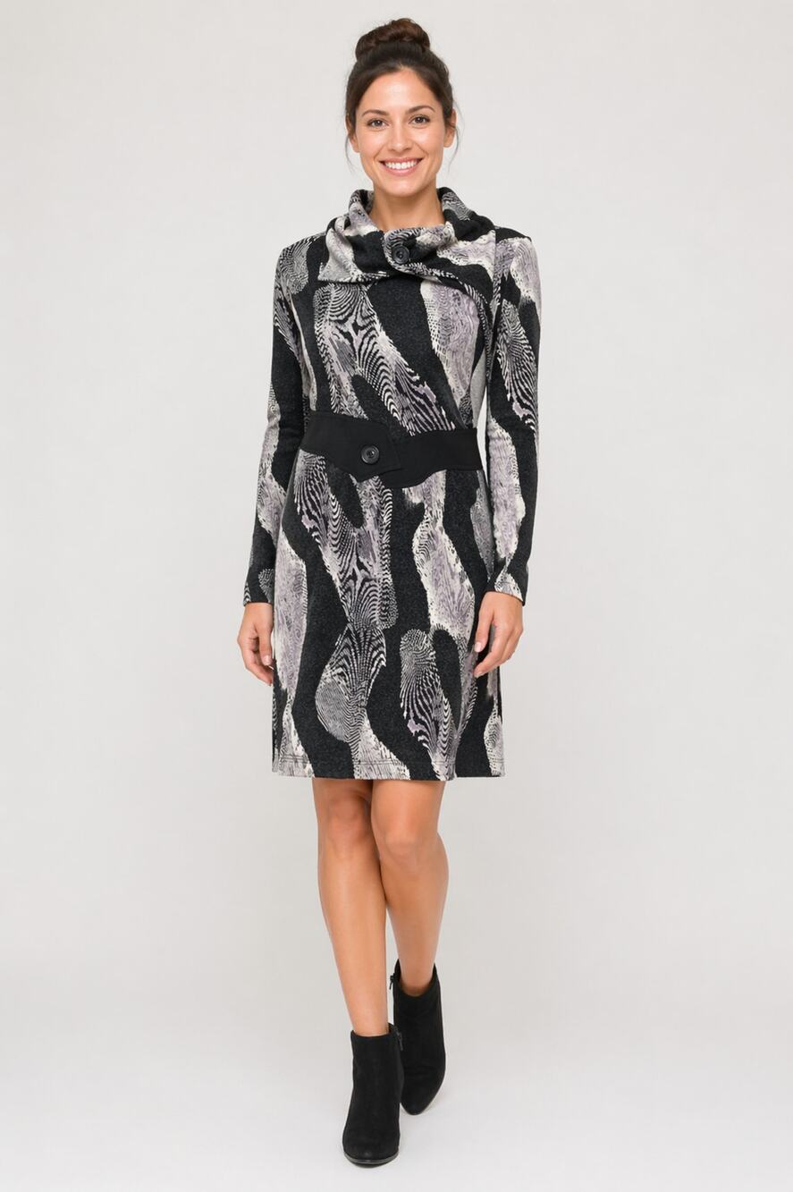 Sao Paulo Cowl Neck Long Sleeve Abstract Dress Women's Size 6 Black White
